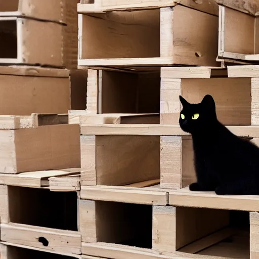 Image similar to a black cat with a white spot on its chest, surrounded by wooden crates