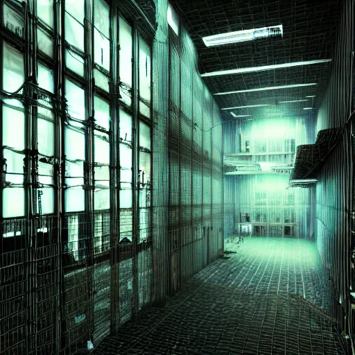 Image similar to cyberpunk futuristic prison, prison complex, dark, barbed wire fence, barred windows, moody atmosphere, chains, police lights, ultra - realistic, night photography, artstation award