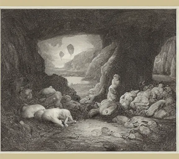 Image similar to viewer looking into dark cave and seeing a mother bear and her cubs sleeping, night time, artwork by Pieter Claesz, cross hatching, framed painting,