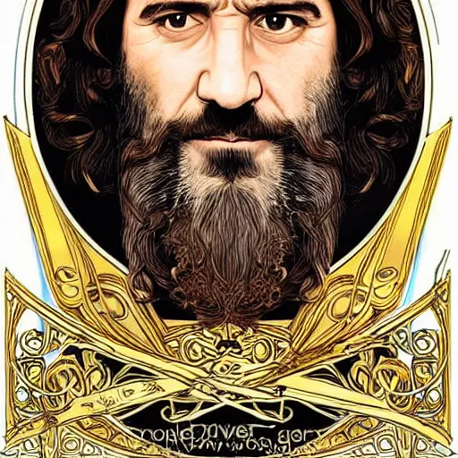 Prompt: art nouveau portrait of clive owen as a dwarven barbarian with full luscious groomed beard, long flowing dark hair, a cheeky smile, gold filigree, mucha