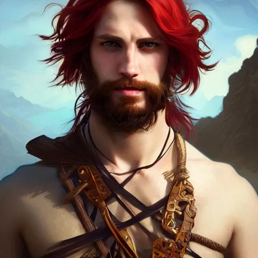 Prompt: portrait of a young ferocious pirate, male, masculine, upper body, red hair, long hair, soft hair, D&D, fantasy, intricate, elegant, highly detailed, digital painting, artstation, concept art, matte, sharp focus, illustration, art by Artgerm and Greg Rutkowski and Alphonse Mucha