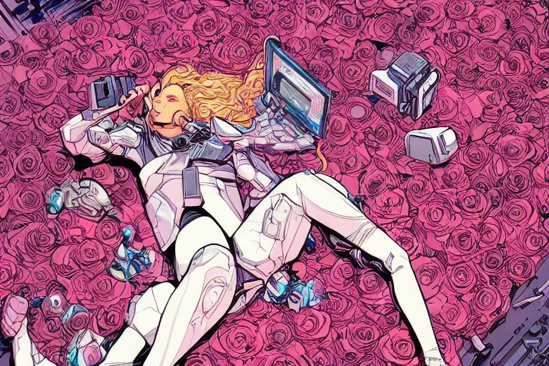 Prompt: comic book illustration, an android princess lying on a bed of roses, cyberpunk concept art by josan gonzales and Moebius, highly detailed, intricate, sci-fi, sharp focus, Trending on Artstation HQ, deviantart