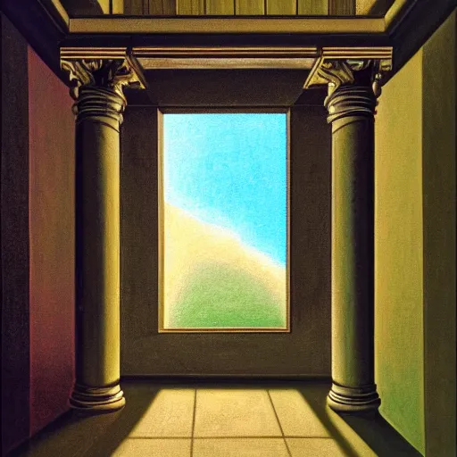 Image similar to still life painting of a room with a balcony and a marbled pedestal displaying an ancient holy artifact, centered in frame and shaped like a torus ring, chromed and ornate with gentle iridescent shine from within. perspective from the side. realistic light and shadows. moody fantasy art, still life renaissance pastel painting. close up