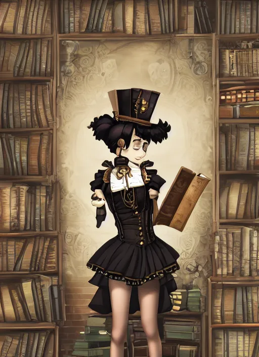 Image similar to a full shot of a steampunk female maid with a black bob hair style holding a stack of books, standing in a steampunk reading room. in a steampunk reading room. digital illustration, soft lighting lighting, 8K, anime, trending on ArtStation, digital art.