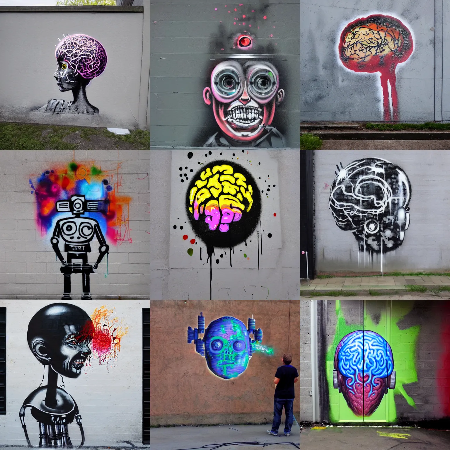 Prompt: Spray painting of a robot painting an image of a human brain onto a wall, dripping paint, in the style of Banksy