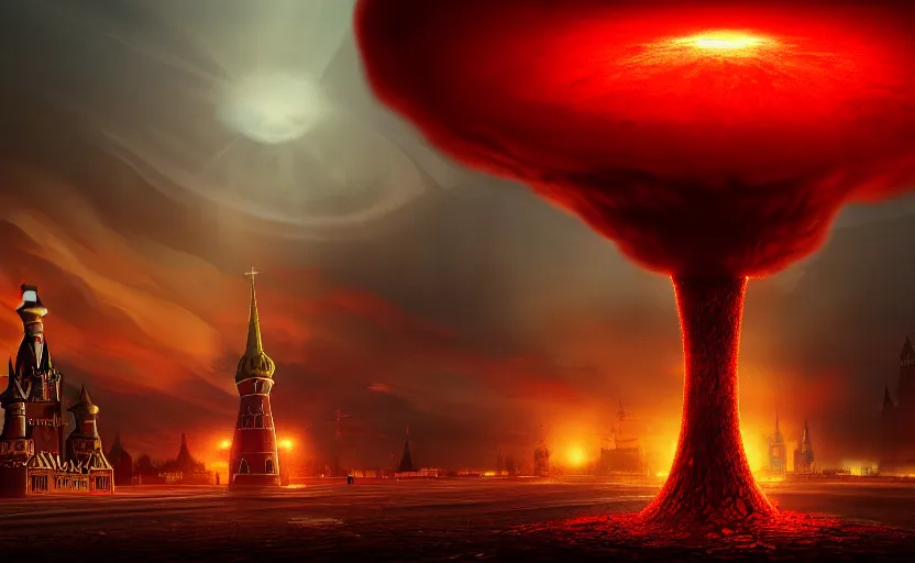 Prompt: nuclear explosion with realistic nuclear mushroom in Red Square Kremlin, beautiful dynamic lighting, cinematic shot, extremely high detail, photo realistic, cinematic lighting, post processed, artstation, matte painting, digital painting