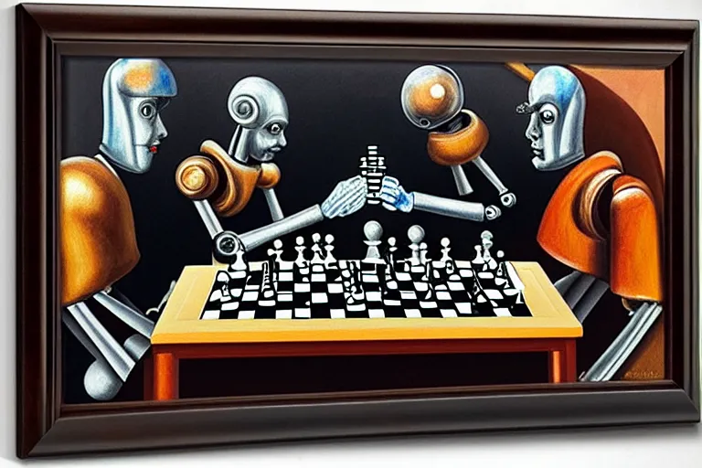 Image similar to portrait of two robots playing chess, highly detailed, painting by otto dix, 8 k