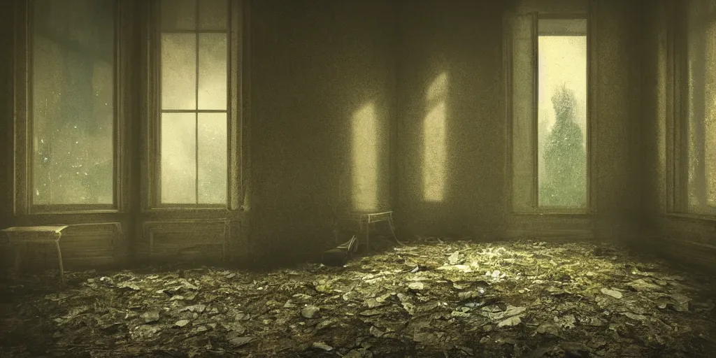 Image similar to a painting of an indoor view of a creepy abandoned mansion at night, eerie, ominous, volumetric lighting, octane render, moonlight through broken window