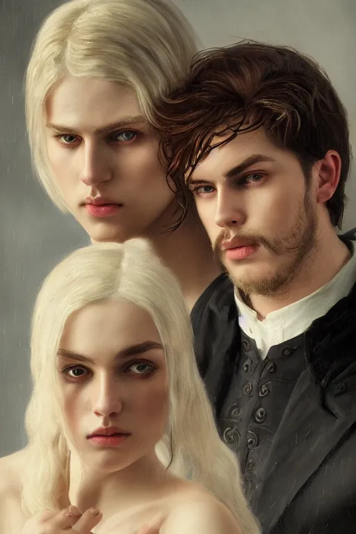 Prompt: a portrait of handsome young male nordic Satan and his elegant beautiful nordic cultist wife, bored, illustration, dramatic lighting, soft details, painting oil on canvas, art nouveau, octane render, HDR, 4k, 8k, HD, by Edmund Blair Leighton, Brom, Charlie Bowater, trending on artstation, faces by Tom Bagshaw, Sargent