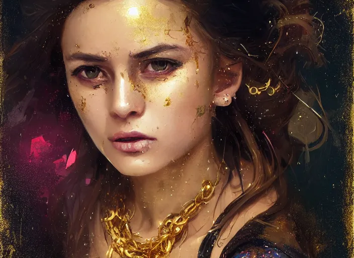 Image similar to full body picture of a pirate girl, hard breathing, messy hair, very excited, sparkling eyes, front of the treasure box, jewels and gold on the background, coveted, beautiful and aesthetic and attractive and detailed face, specular reflection, occlusion shadow, intricate, bokeh, masterpiece, by ilya kuvshinov and jeremy lipking and quentin mabille