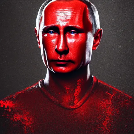 Image similar to vladimir putin portrait made of glossy dripping red paint, octane render, photorealistic, cinematic, dramatic lighting,