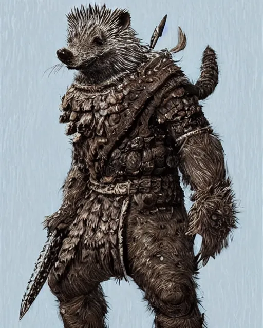 Image similar to anthropomorphic rugged hedgehog!!! with furry!! oversized barbarian muscular armored upper body, action battle pose,long hair, 👅 👅 , D&D, fantasy, intricate, elegant, highly detailed, digital painting, artstation, concept art, smooth, sharp focus, illustration, art by artgerm and beeple and greg rutkowski and alphonse mucha