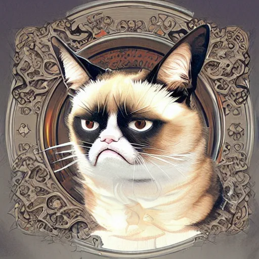 Image similar to Grumpy Cat dressed as Doge, anime, weeb, die cut sticker , intricate, elegant, highly detailed, digital painting, artstation, concept art, smooth, sharp focus, illustration, art by artgerm and greg rutkowski and alphonse mucha and francisco goya