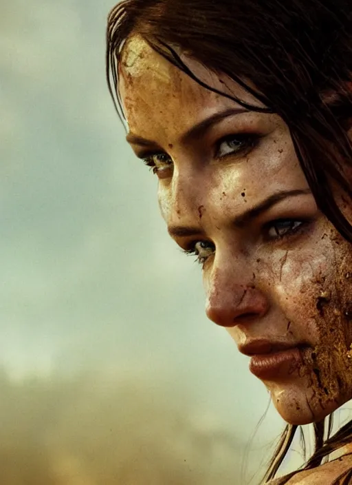 Image similar to a film still of lara croft as cop, her face muddy and sweat, direct sun light, close up potrait, cinematic,