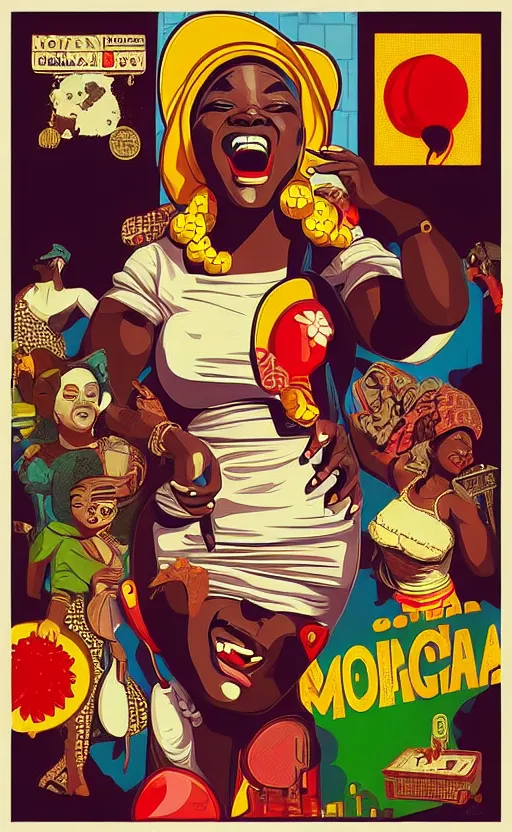 Image similar to mama africa laugh at her child!!! pop art, pixel, bioshock, gta chinatown, artgerm, richard hamilton, mimmo rottela, julian opie, aya takano, hyperdetailed, intricate