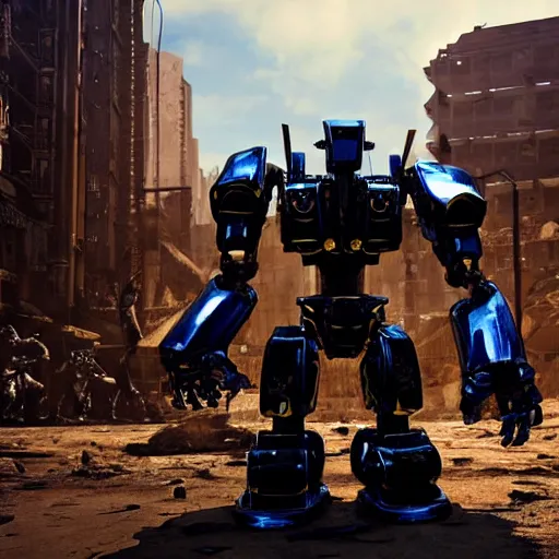 Image similar to a shiny ornate boxing humanoid mecha in ruin city, victory, punk style, by war robots, real steel ( 2 0 1 1 ), westworld and eve venture and pacific rim and machine warrior 5, cryengine, frostbite 3 engine, scarlet and yellow scheme, sharp focus, 8 k, high definition, insanely detailed, soft lighting, smooth face