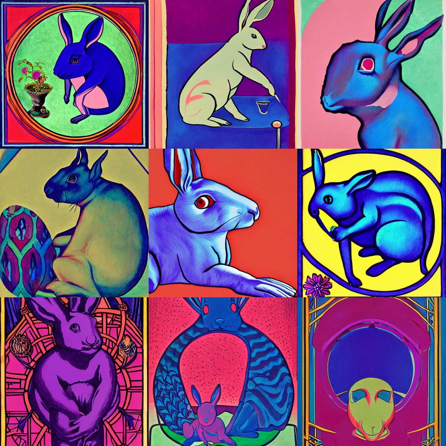 Prompt: magical realist portrait of lagomorph ( 1 9 2 3 ), quinacridone magenta, cobalt blue, strathmore 2 0 0 art nouveau inks, chiaroscuro, luminous