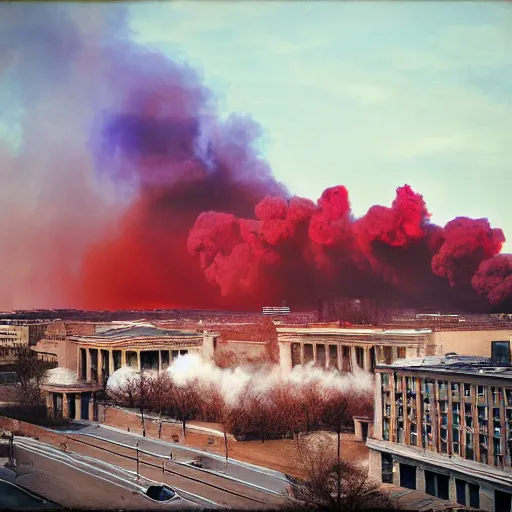 Image similar to dystopian, destroyed washington dc, real, blue sky, smoke, red clouds, detailed, award winning, masterpiece, photograph, cinematic, hyperrealism