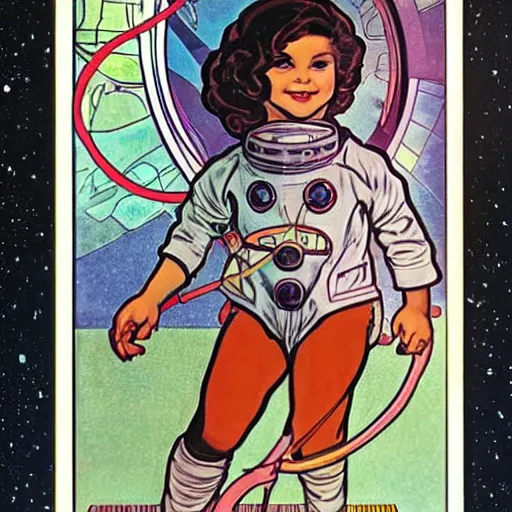 Image similar to a cute little girl with a mischievous face and short brown wavy curly hair. she is dressed as an astronaut. well composed, clean elegant painting, beautiful detailed face. comic book art by steve ditko and jack kirby and ( alphonse mucha )