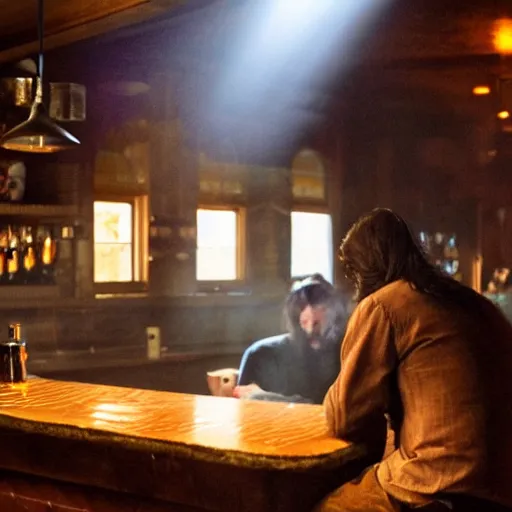 Image similar to a still of jesus sitting down on a stool at the bar, last call. it's dark and smoky. god rays through fog.