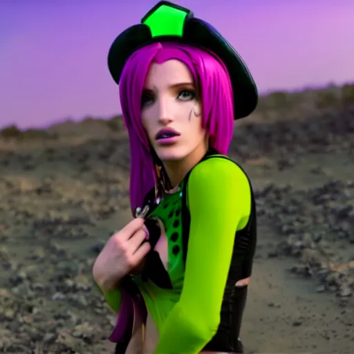 Image similar to cinematic scene with bella thorne as jolyne from jojo's bizarre adventure, stone ocean, dramatic, small details, volumetric lighting, still frame