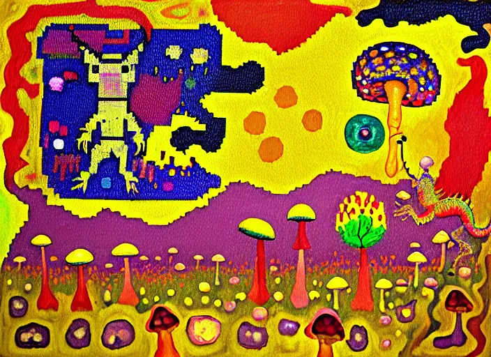 Image similar to pixel decollage painting golden armor alien zombie horseman riding on a crystal bone dragon broken rainbow diamond maggot horse in a blossoming meadow full of colorful mushrooms and golden foil toad blobs in a golden sunset, distant forest horizon, painted by Mark Rothko, Helen Frankenthaler, Danny Fox and Hilma af Klint, pixelated, neo expressionism, semi naive, pastel colors, cinematic, color field painting, cave painting, voxel, pop art look, outsider art, minimalistic. Bill Traylor painting, part by Philip Guston,Amano and Francis Bacon. art by Adrian Ghenie, very coherent symmetrical artwork, cinematic, hyper realism, high detail, octane render, unreal engine, Smooth gradients, depth of field, full body character drawing, extremely detailed, 8k, extreme detail, intricate detail, masterpiece