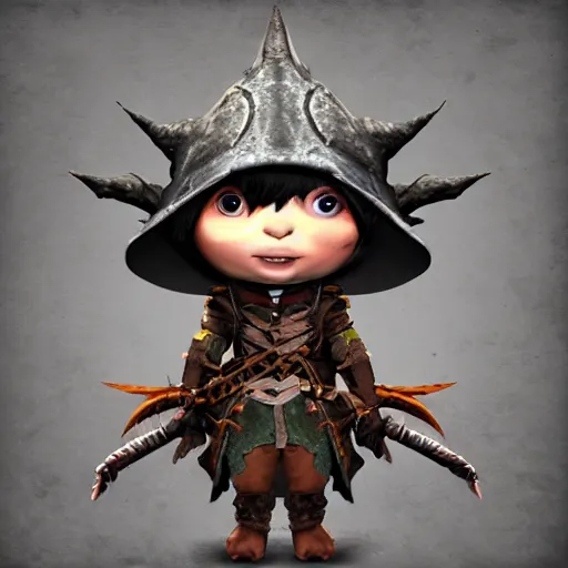 Prompt: cute tiny goblin girl wearing hunter armor from Bloodborne and a wizard hat, d&d, Newgrounds