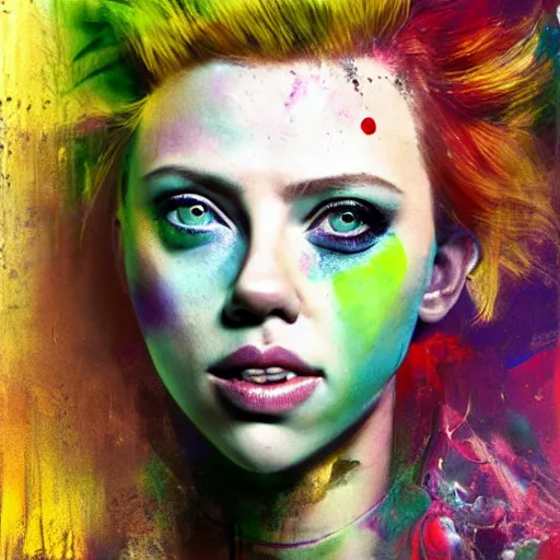 Image similar to drunken scarlett johansson as delirium from sandman, ( hallucinating colorful soap bubbles ), by jeremy mann, by sandra chevrier, by dave mckean and richard avedon and maciej kuciara, punk rock, tank girl, high detailed, one green eye and one blue eye, 8 k