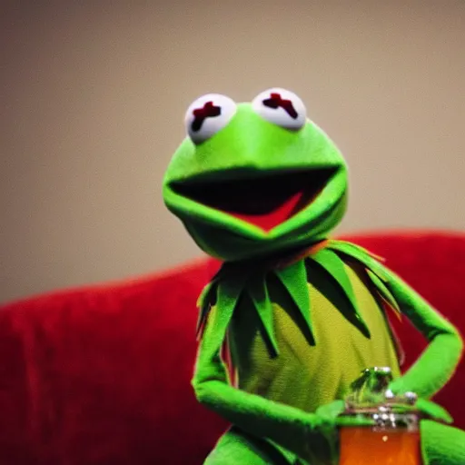 Image similar to candid photo of kermit the frog sitting on the couch smoking out of a bong, ted ( 2 0 1 2 ) bong scene, kermit the frog, high resolution photo, trending on artstation, interior design