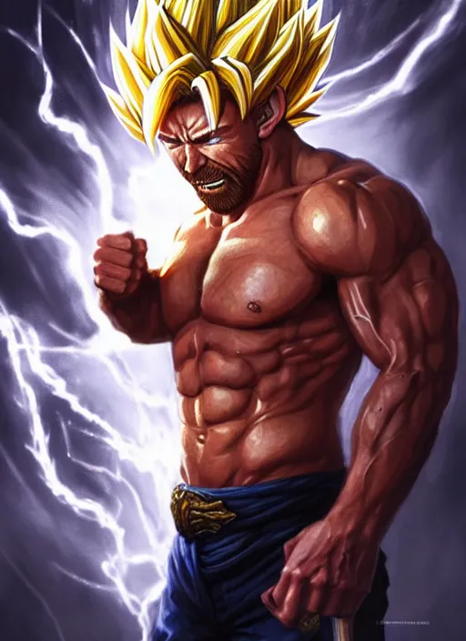 Image similar to portrait of aggressive chuck norris going super saiyan, d & d, muscular! storm! fantasy, intricate, elegant, highly detailed, digital painting, artstation, concept art, smooth, sharp focus, illustration, art by artgerm and greg rutkowski and alphonse mucha