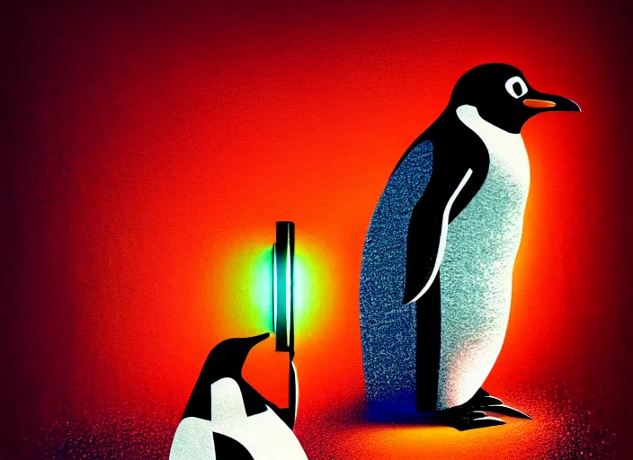 Prompt: penguin inside a refrigerator, colorful,modern art deco, Mads Berg, Karolis Strautniekas,small finely stippled light, dramatic lighting, editorial illustration, detailed, matte print, film noir, dynamic composition,moody