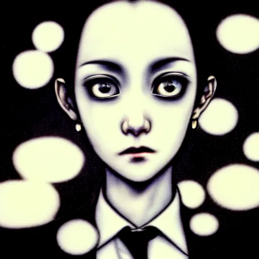 Image similar to yoshitaka amano blurred and dreamy realistic three quarter angle horror portrait of a sinister young woman with short white hair, big earrings and fully black eyes wearing office suit with tie, black and white junji ito abstract patterns in the background, satoshi kon anime, noisy film grain effect, highly detailed, renaissance oil painting, weird portrait angle, blurred lost edges