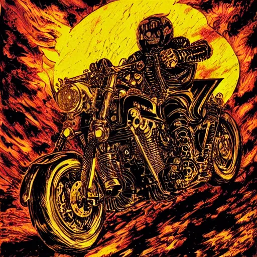 Image similar to infernal motorbikers, atmospheric lighting, painted, intricate, golden hour, ultra detailed by philippe druillet