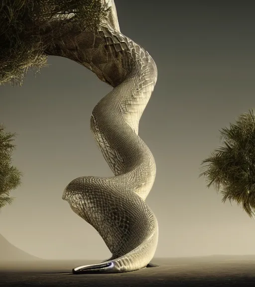 Prompt: surreal white snakes forming a tall tree, futuristic in the desert, foggy sky, dark night, octane render, unreal engine, pale colors, high detail, 8 k, wide angle, trending on artstation, behance
