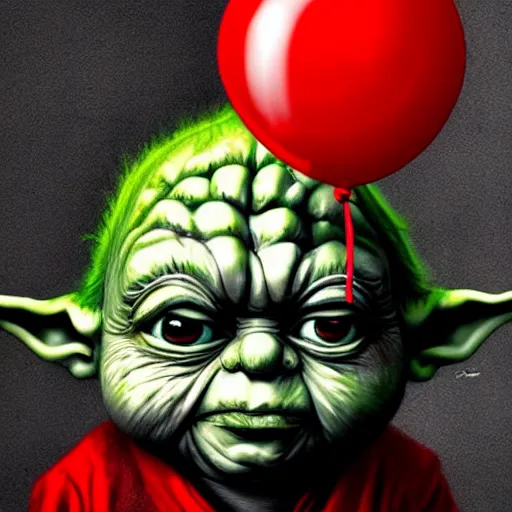 Image similar to surrealism grunge cartoon portrait sketch of yoda with a wide smile and a red balloon by - michael karcz, loony toons style, chucky style, horror theme, detailed, elegant, intricate