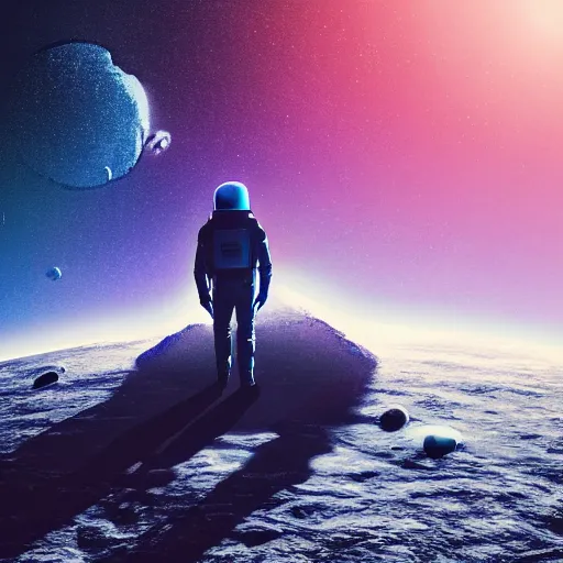 Prompt: “ dark mysterious spaceman wandering amongst the planets in the sky, 4 k, super detailed ”
