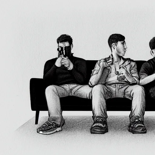 Image similar to 3 dudes sitting on a couch watching tv. smoking cigarettes, drinking cough syrup. pencil and ink drawing. high detail, 4 k, octane render,