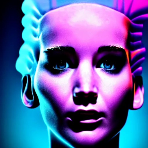 Image similar to close up detail of the face of jennifer lawrence as the bride of frankenstein, macro photography, glowing retinas, vaporwave