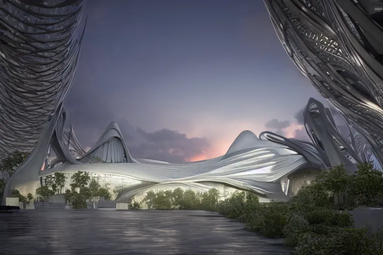 Image similar to extremely detailed cathedral designed by Zaha Hadid surrounded by a forest, stunning volumetric light, sunset, metal, concrete and translucent material, stunning skies, trending on Artstation, 8k, photorealistic, hyper detailed, unreal engine 5, IMAX quality, cinematic, epic lighting, in the style of Greg Rutkowski