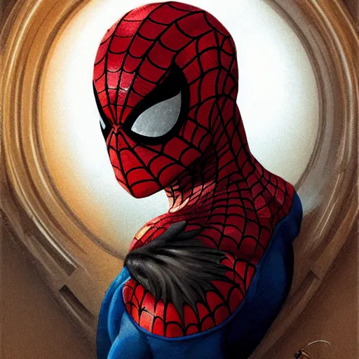 Image similar to portrait of a young spiderman handsome but joyful anthropomorphic parrot, male, masculine, upper body, red hair, long hair, d & d, fantasy, fierce, sharp features, intricate, elegant, highly detailed, digital painting, artstation, concept art, matte, sharp focus, illustration, art by artgerm and greg rutkowski and alphonse mucha