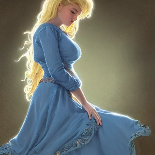 Image similar to full figure ultra realistic illustration, jeffrey wright wearing a maiden blue dress, blonde flowy hair, old west, intricate, elegant, highly detailed, digital painting, artstation, concept art, smooth, sharp focus, illustration, art by artgerm and greg rutkowski and alphonse mucha