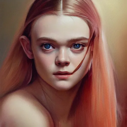 Prompt: ultra realistic portrait painting of elle fanning, dark vibes, art by frank frazetta, 4 k, matte painting, organic painting, geometric shapes, hard edges, ultra realistic, highly detailed, epic lighting