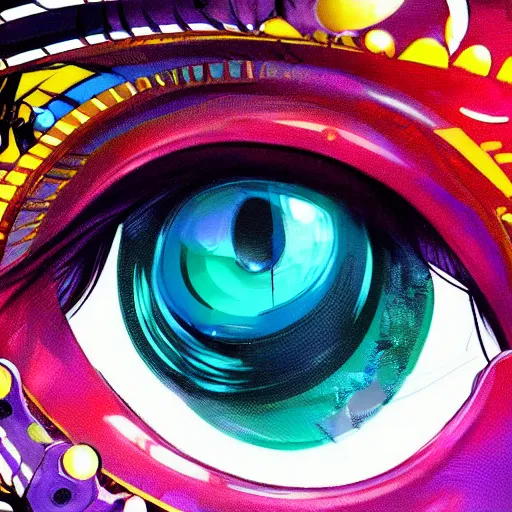 Image similar to Cybernetic Eye with intricate reflections, colorful, fantasy, vivid colors, concept art, sharp focus, digital art, Hyper-realistic, 4K, Unreal Engine, Highly Detailed, HD, Dramatic Lighting by Brom, trending on Artstation