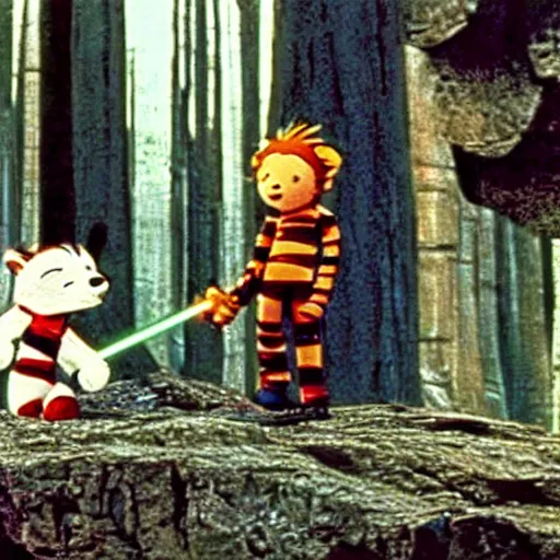 Image similar to a still of calvin an hobbes in star wars a new hope ( 1 9 7 7 )