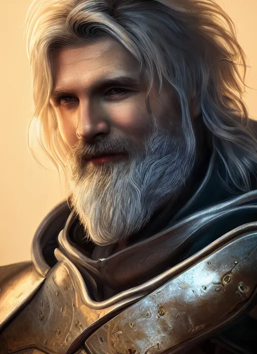 Image similar to an epic fantastic realism comic book style portrait painting of an aasimar paladin, male, silver shaggy hair, short brown beard, d & d concept art, unreal 5, daz, teal aesthetic, octane render, cosplay, rpg portrait, dynamic lighting