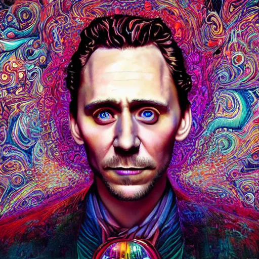 Image similar to portrait of tom hiddleston, hyper detailed masterpiece, neon floral pattern, jean giraud, digital art painting, darkwave goth aesthetic, psychedelic, artgerm, donato giancola and tom bagshaw