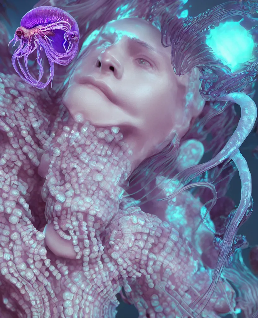 Image similar to goddess close - up portrait human skeleton, ram skull, jellyfish, orchid, betta fish, bioluminiscent, intricate artwork by tooth wu and wlop and beeple. octane render, trending on artstation, greg rutkowski very coherent symmetrical artwork. cinematic, hyper realism, high detail, octane render, 8 k