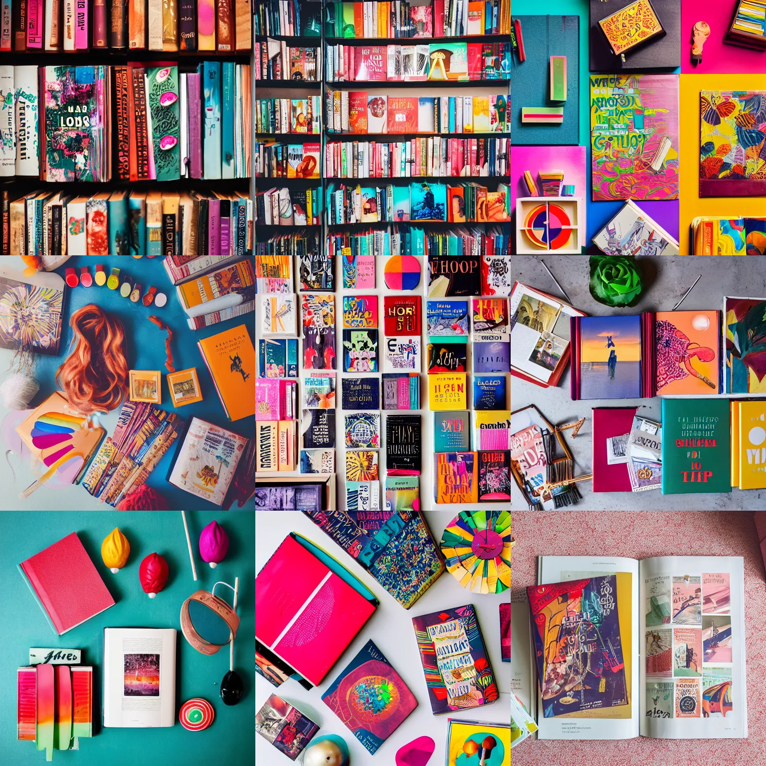 Prompt: flatlay book collection, vivid colors, dramatic lighting, lollipops