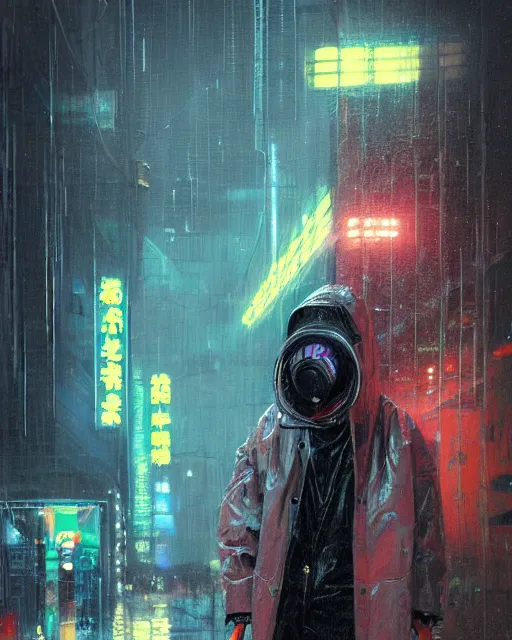 Prompt: detailed portrait, rain, cyberpunk futuristic neon, reflective puffy coat, decorated with traditional japanese ornaments by ismail inceoglu dragan bibin hans thoma greg rutkowski alexandros pyromallis nekro rene maritte illustrated, perfect face, fine details, realistic shaded, fine - face, pretty face