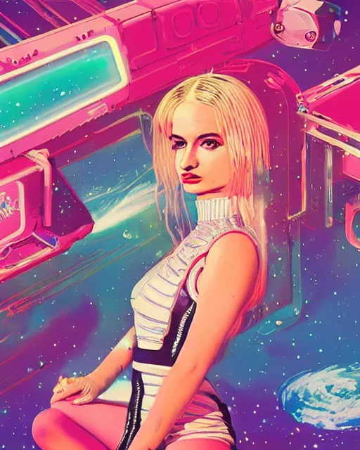 Image similar to a highly detailed and accurate pulp portrait of kim petras in space, 1 9 7 0 s, space station, neon light, delicate embellishments, woman art, painterly, offset printing technique